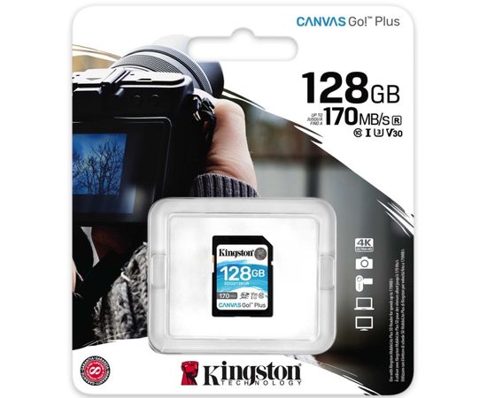  Карта памяти Kingston SDG3/128GB SDXC 128Gb SDXC, UHS-I Class U3 V30, чтение: 170Мб/с, запись: 90Мб/с 