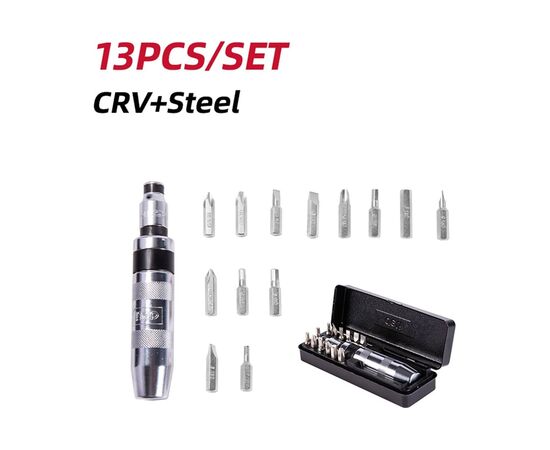  Отвертка ударно-поворотная Deli DL8901 с набором бит 13 шт (PH1, PH2x2, PH3, PH4, SL5, SL6, SL8, SL9, H4, H5, H6, H8), Cr-V, пласт. кейс) 